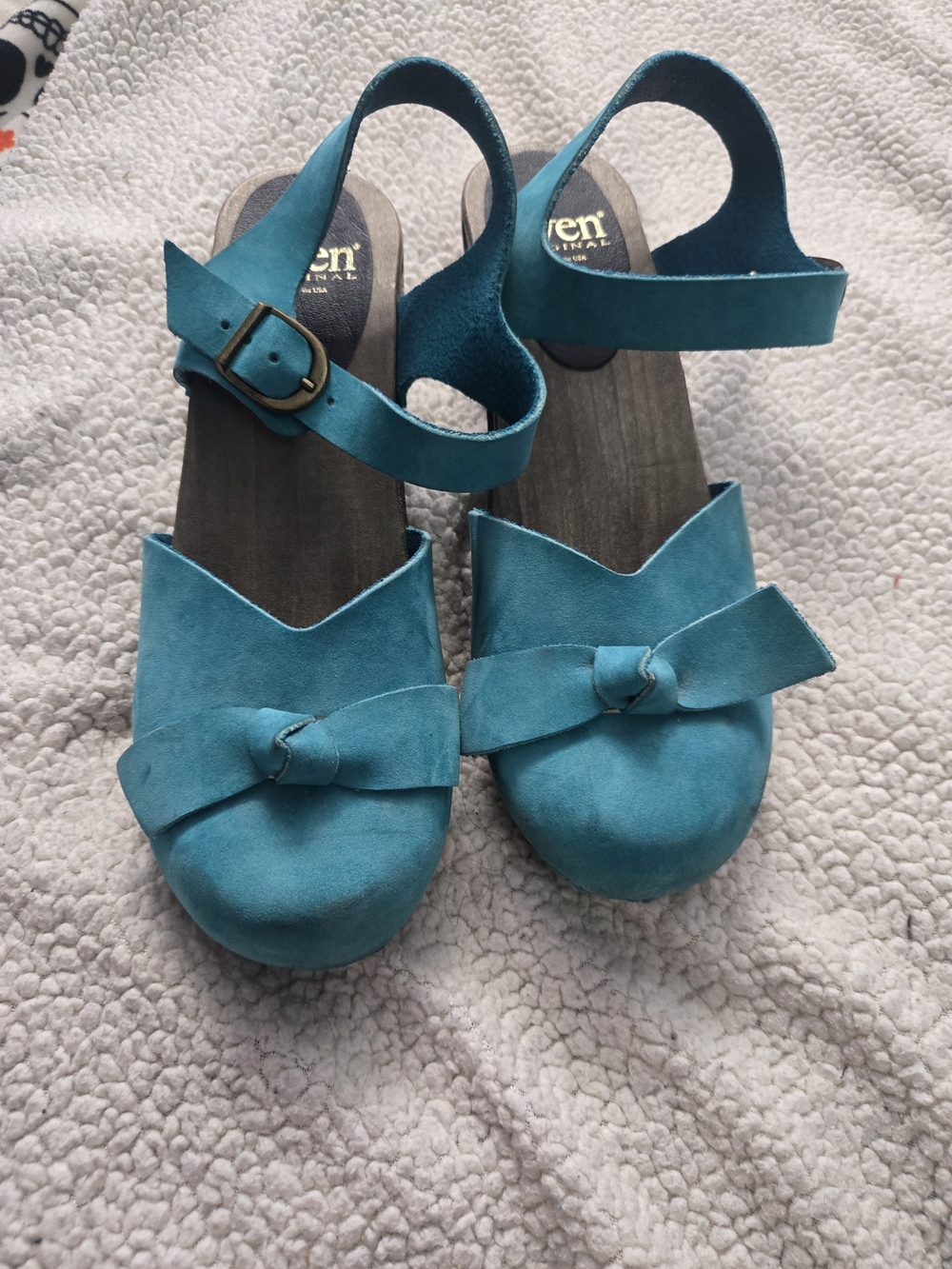 Teal Suede Mary Jane Clogs with Bow - Picture 2 of 13